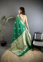 Joban Fashion Green Floral Jacquard Woven Design Cotton Silk Banarasi Silk Saree | Grocsy