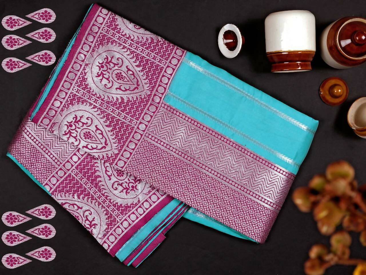 DEIANA'S Beautiful Designer Golden zari Soft Lichi Silk Saree - Blue | Grocsy