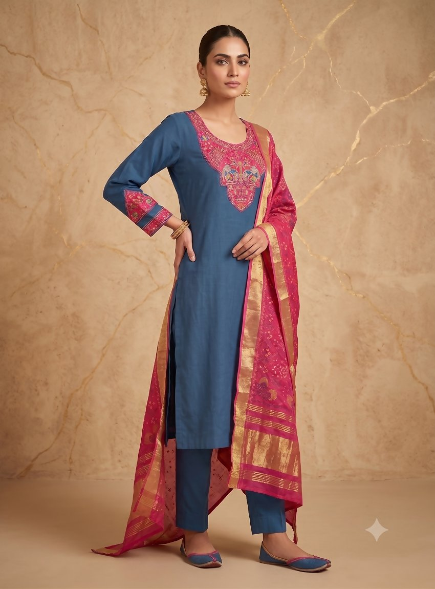 Teeya Creation Women Teal Blue Embroidered Straight Kurta With Magenta Dupatta And Pant Set | Grocsy