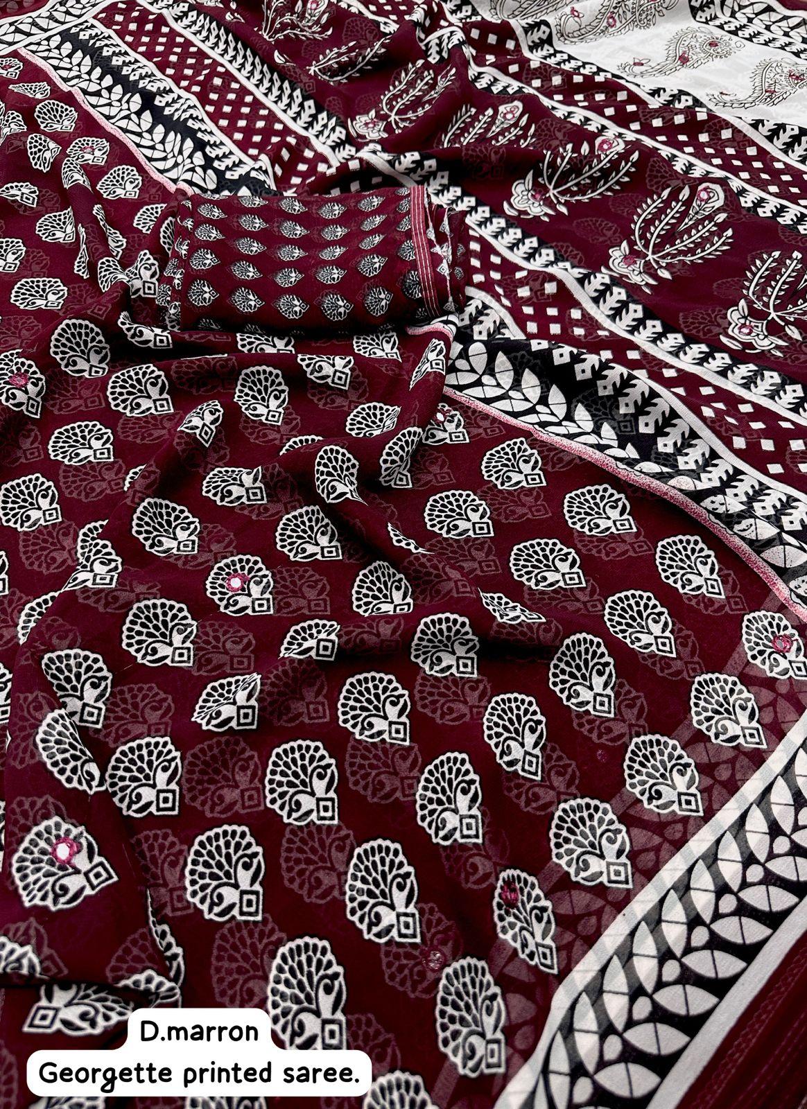 Maroon Poly Georgette Ajrak Saree with Unstitched Blouse - A2M | Grocsy
