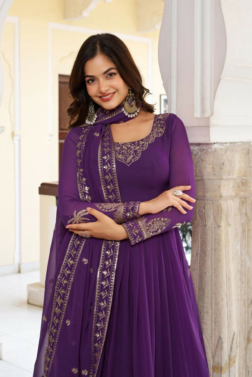 The52 Women's Gorgeous Faux Georgette Fabric Embroidery Work Flared Anarkali Pant and Dupatta Set | Grocsy