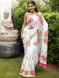 Prime Volt Women's White & Pink Floral Digital Print Soft Linen Saree With Gold Zari Border & Blouse | Grocsy
