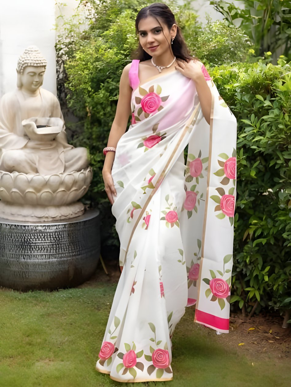 Prime Volt Women's White & Pink Floral Digital Print Soft Linen Saree With Gold Zari Border & Blouse | Grocsy