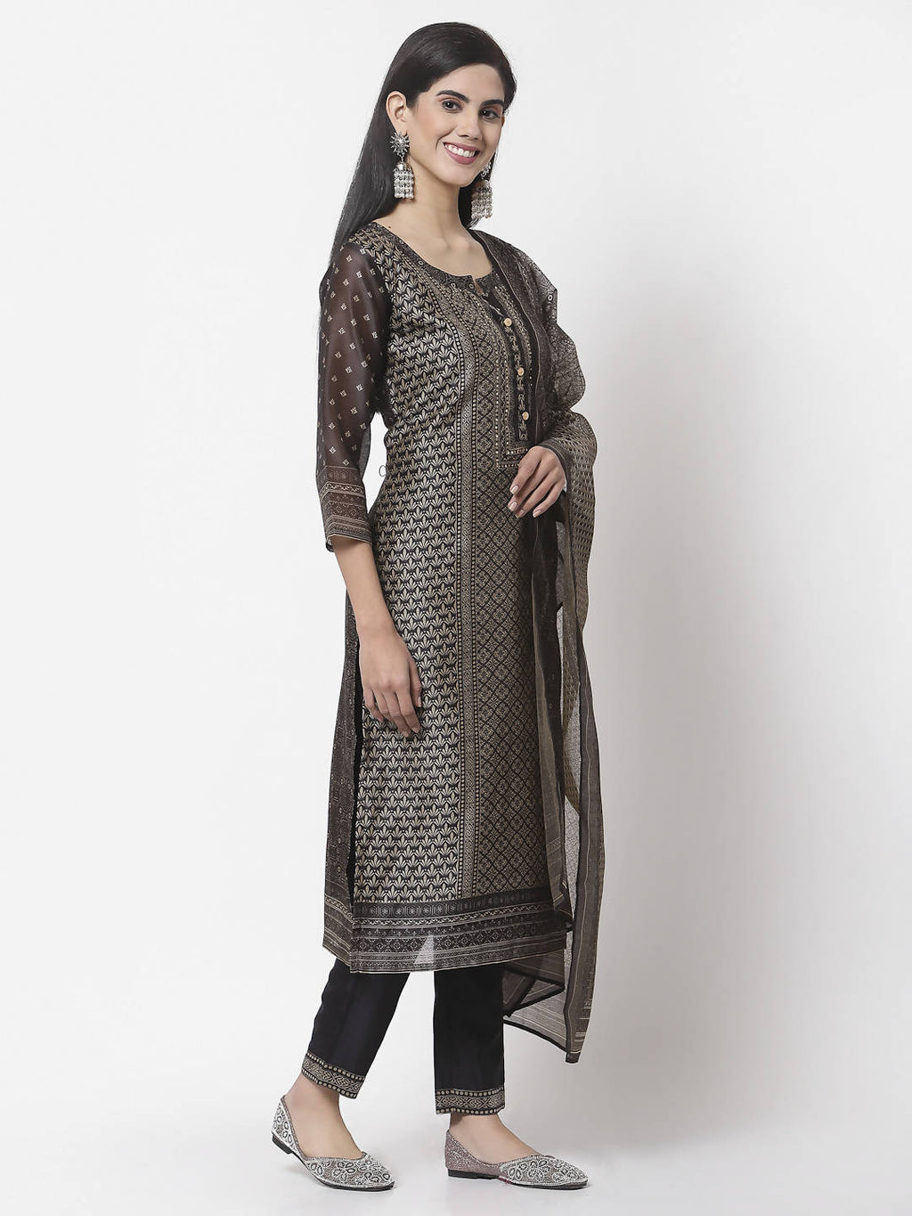 Myshka Black Chanderi Silk Embroidered 3/4 Sleeve Round Neck Kurta Pant Dupatta Set | Grocsy