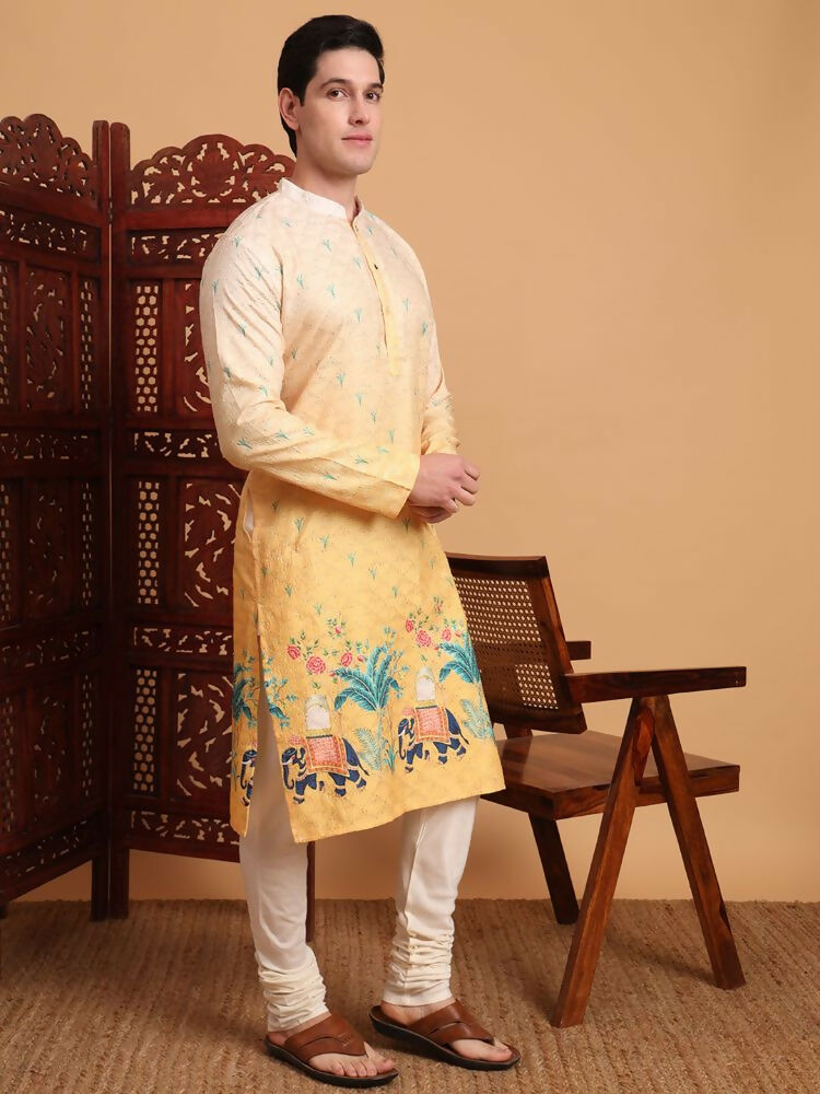 Yellow Cotton Printed Chikankari Embroidery Work Kurta - Mahotsav | Grocsy