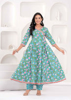 Jaimini Women Cotton Printed V-Neck 3/4 Sleeves Calf Length Angrakha Kurta Pant And Dupatta Set | Grocsy