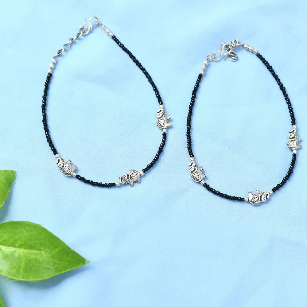 Mominos Fashion Kamal Johar Oxidised Elephant Design Silver/Black Anklets | Grocsy