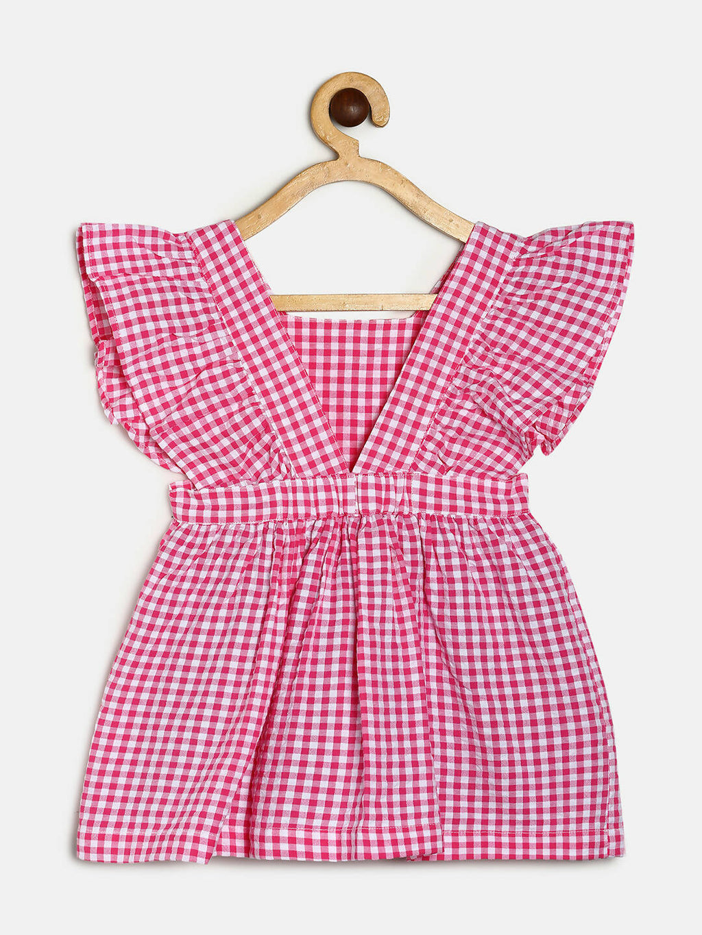 Manet Girls Cotton V Neck Frill Frock Checked Printed - Pink | Grocsy