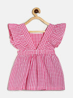 Manet Girls Cotton V Neck Frill Frock Checked Printed - Pink | Grocsy