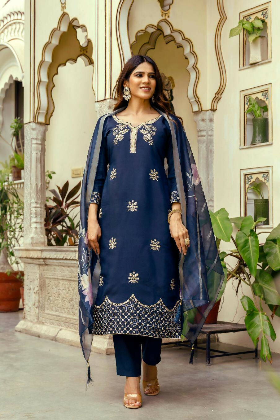 The52 Navy Blue Women's Beautiful Viscose Chanderi Fabric Thread Work Straight Kurta Pant and Dupatta Set | Grocsy
