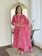 The52 Women's Beautiful Rayon Fabric Printed Work Flared Kurta Pant and Dupatta Set | Grocsy