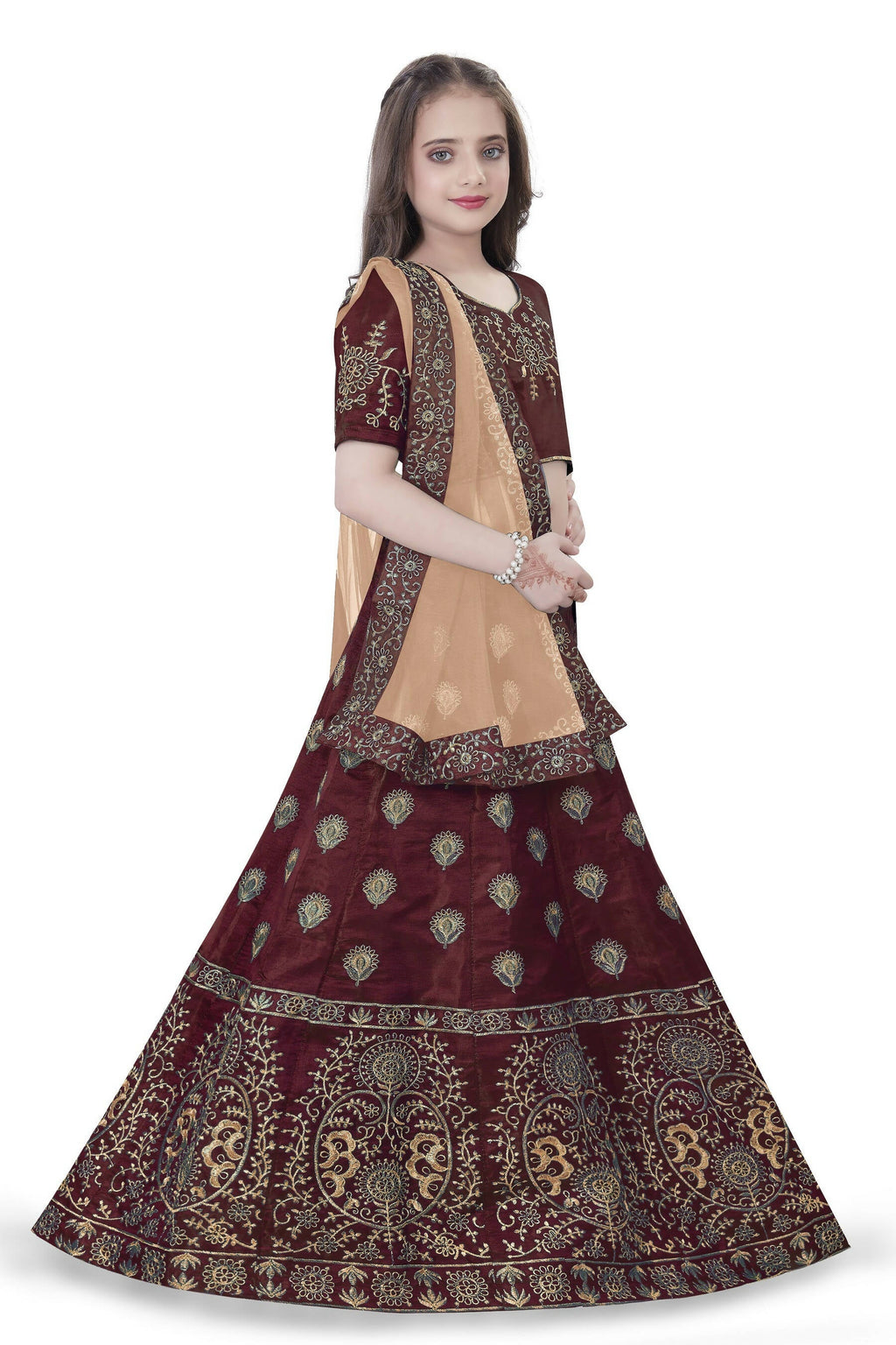 Dwiden Maroon Gulab Tafetta Sattin Semi-Stitched Girl'S Lehenga Choli | Grocsy