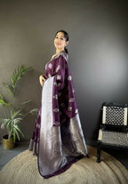 Joban Fashion Wine Floral Motifs Soft Silk Banarasi Saree | Grocsy