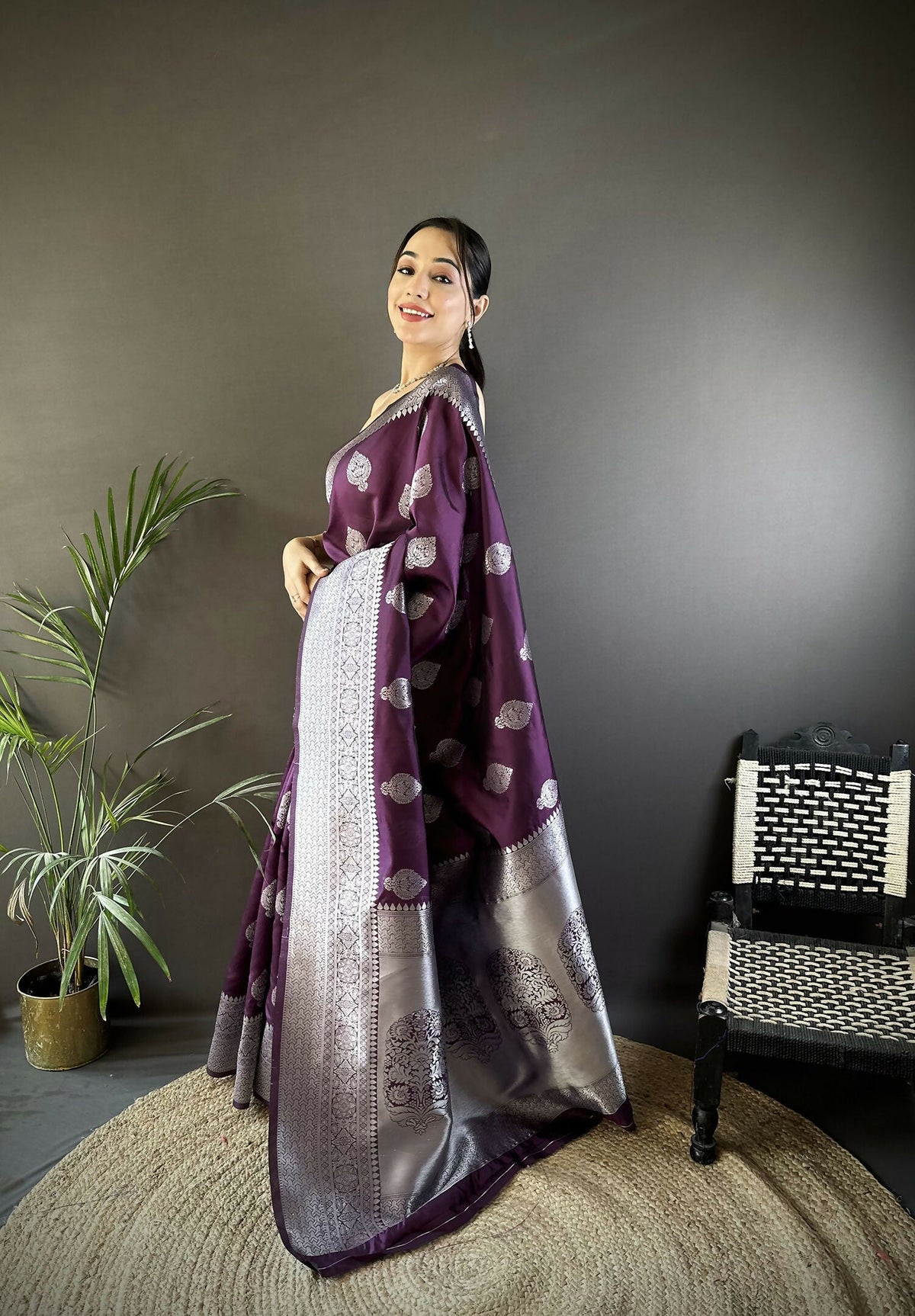 Joban Fashion Wine Floral Motifs Soft Silk Banarasi Saree | Grocsy