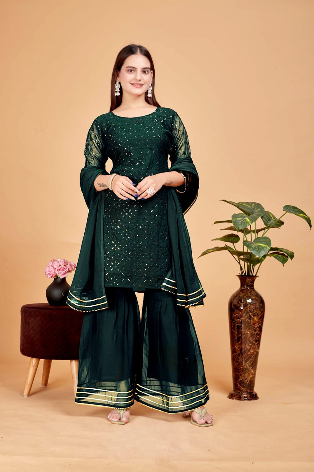 Women's A-Line Green Kurta and Sharara With Dupatta Set - A2M | Grocsy
