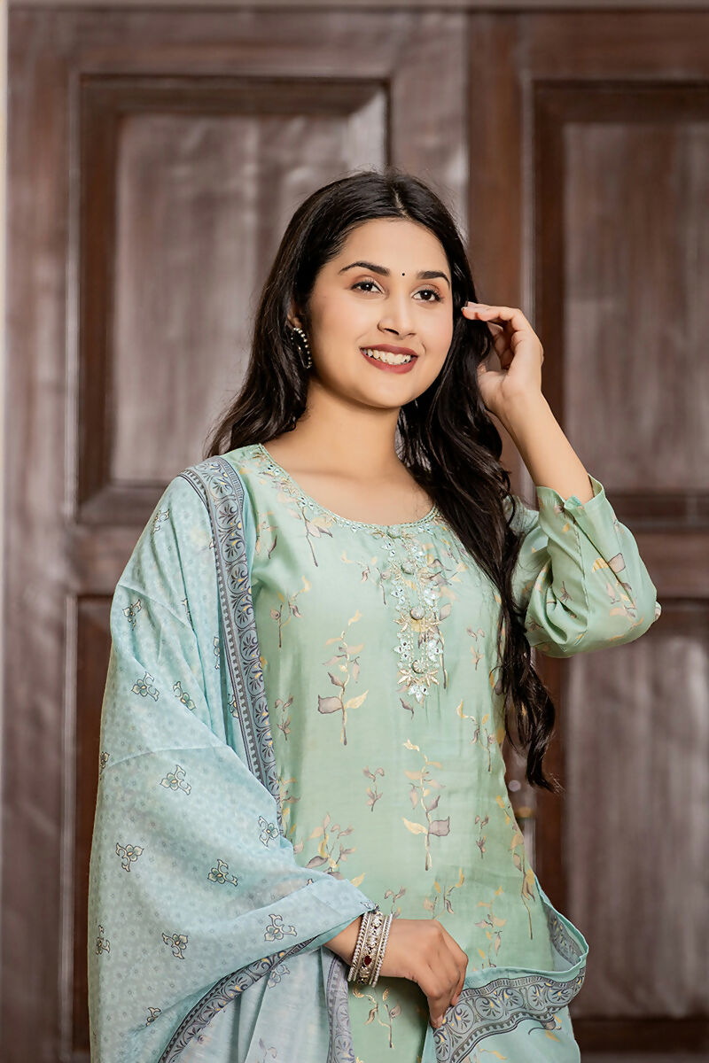 Kaajh Women's Sky Blue Printed Modal Silk Suit Set | Grocsy