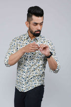 Miravan Men's White & Blue Floral Print Cotton Regular Fit Shirt | Grocsy