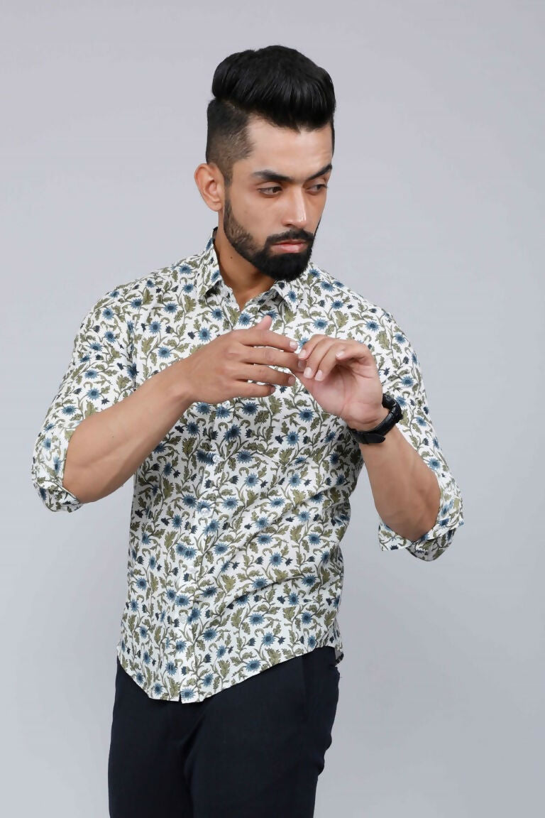 Miravan Men's White & Blue Floral Print Cotton Regular Fit Shirt | Grocsy