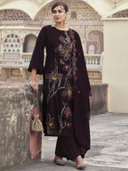 Jyoti Fashion Women's Wine Velvet Resham Thread with Jari & Sequin Kurta with Trouser & Dupatta | Grocsy