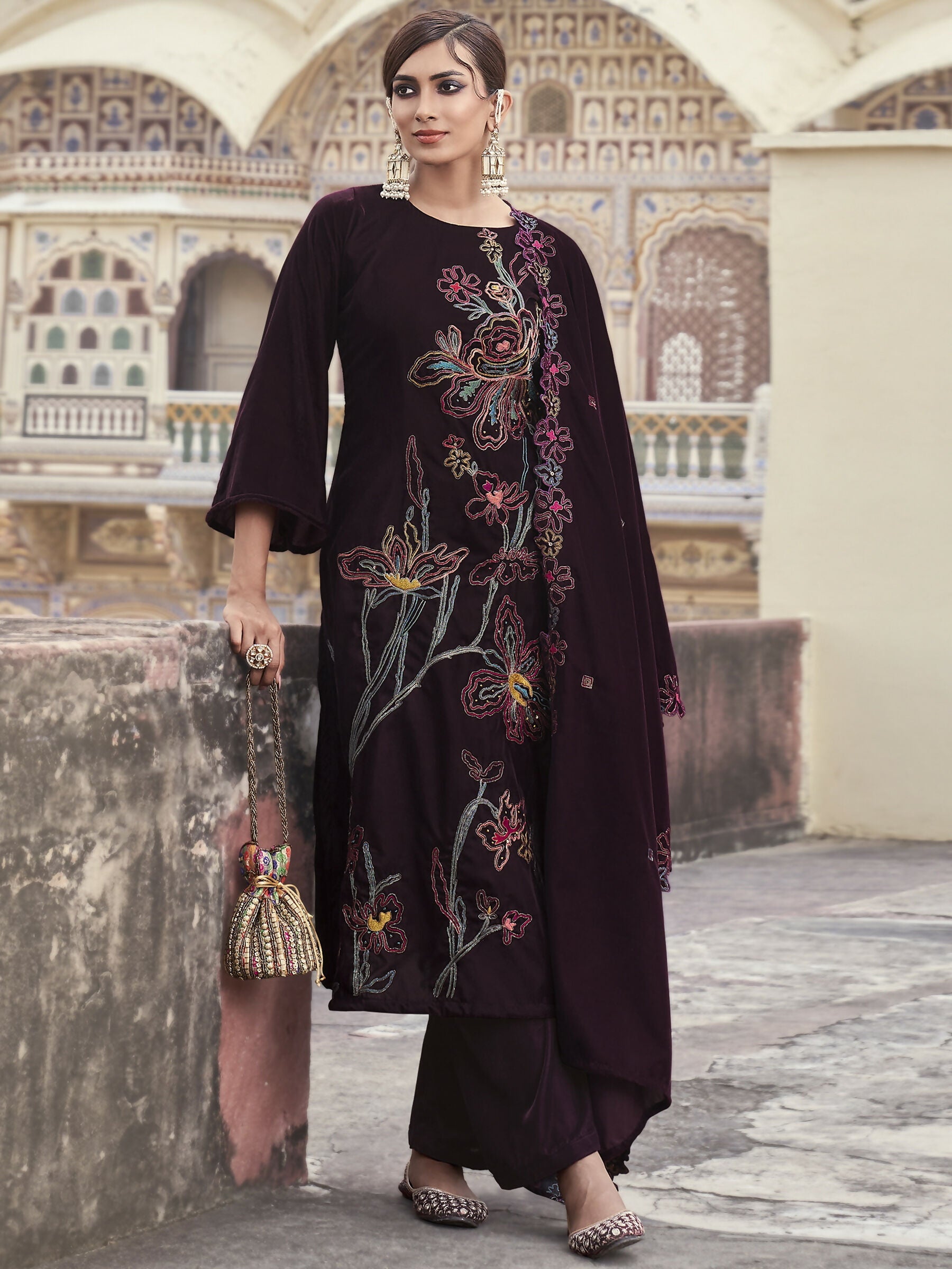 Jyoti Fashion Women's Wine Velvet Resham Thread with Jari & Sequin Kurta with Trouser & Dupatta | Grocsy