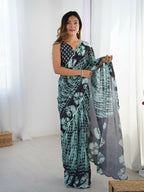 Black Chinon Designer Digital Printed,Mirror Cut Work Saree - Sohni | Grocsy