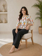Teeya Creation Women White & Yellow Floral Printed Cotton Kurti with Black Palazzo Set | Grocsy