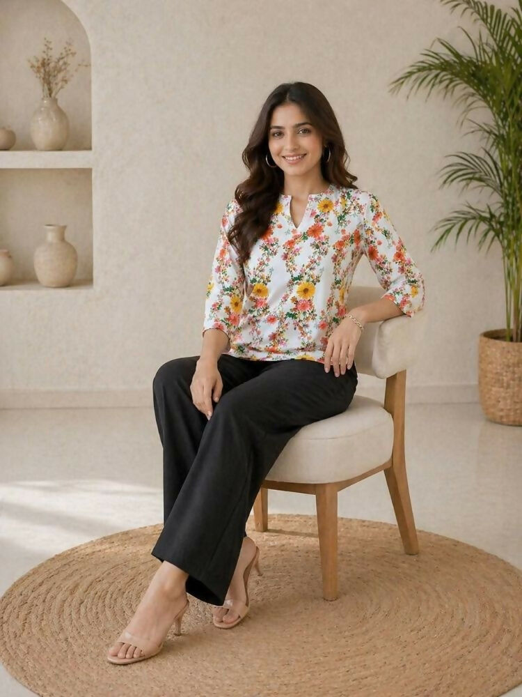 Teeya Creation Women White & Yellow Floral Printed Cotton Kurti with Black Palazzo Set | Grocsy
