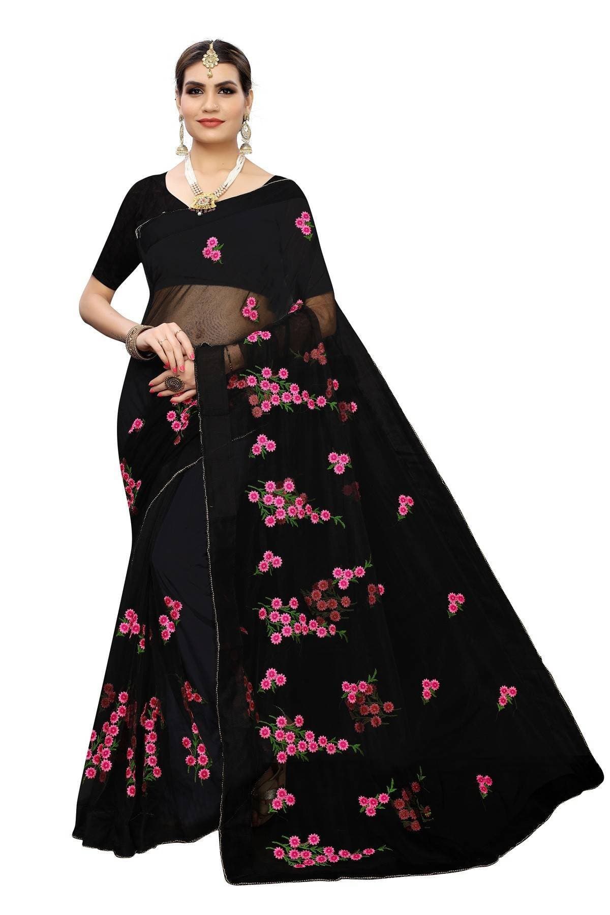 Vamika Black Net Embroidery Saree | Grocsy