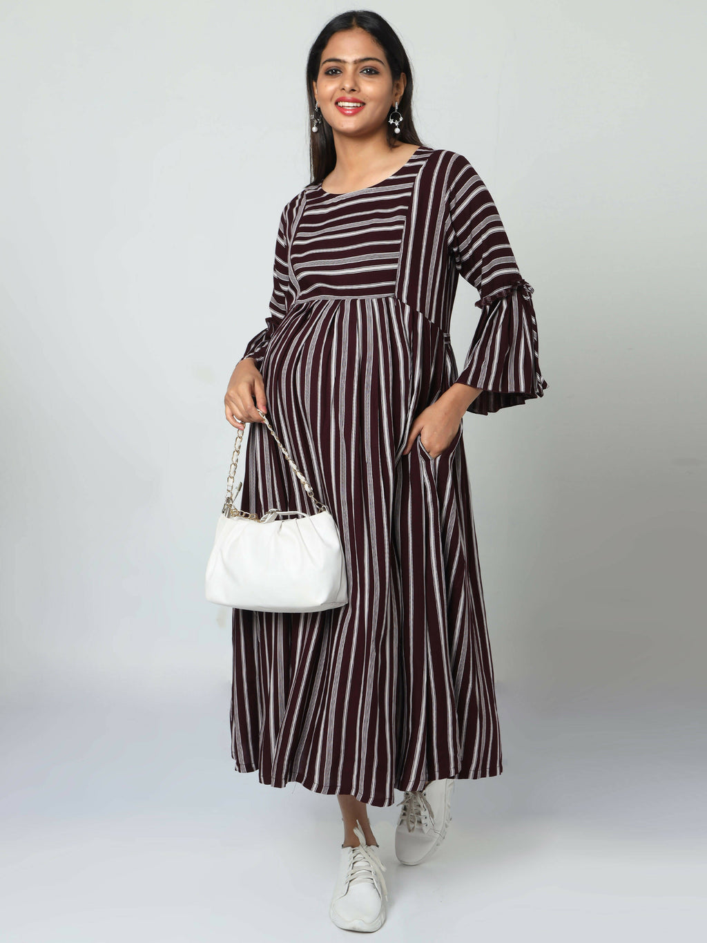 Manet Three Fourth Maternity Dress Striped With Concealed Zipper Nursing Access - Brown | Grocsy