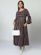 Manet Three Fourth Maternity Dress Striped With Concealed Zipper Nursing Access - Brown | Grocsy