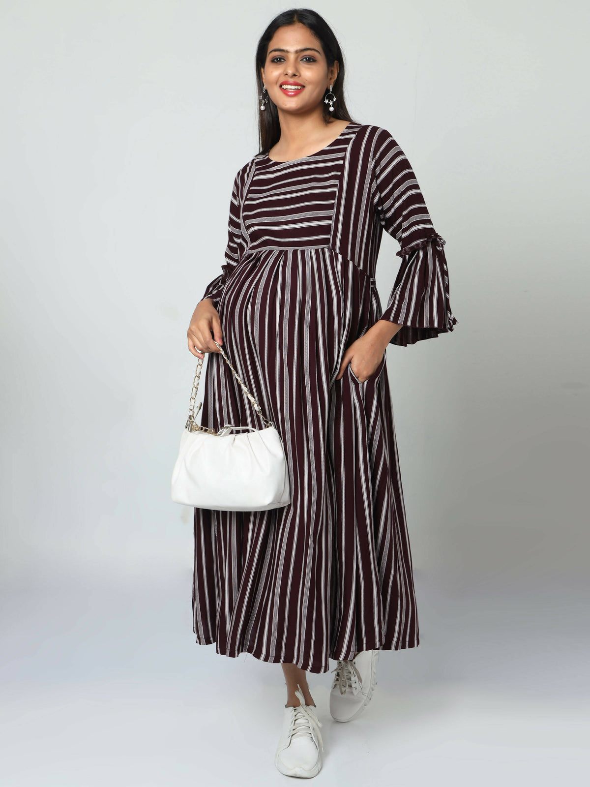 Manet Three Fourth Maternity Dress Striped With Concealed Zipper Nursing Access - Brown | Grocsy