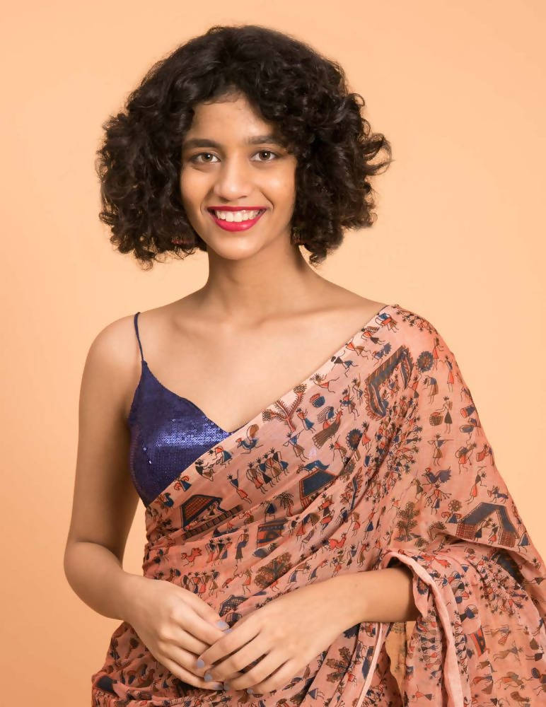 Suta Peach Blue Warli Printed Pure Cotton Saree | Grocsy