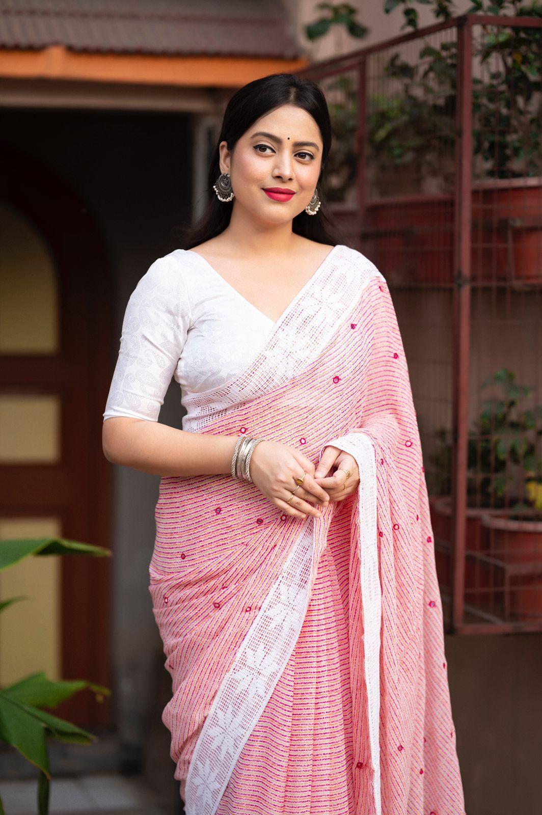 Pink Poly Georgette Ethnic Motifs Saree with Unstitched Blouse - A2M | Grocsy