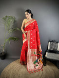 Joban Fashion Red Peacock & Floral Motifs Soft Silk Kanchipuram Saree | Grocsy