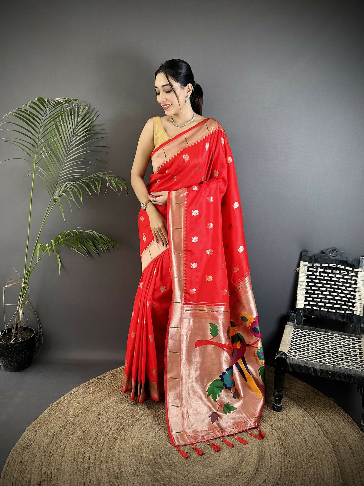 Joban Fashion Red Peacock & Floral Motifs Soft Silk Kanchipuram Saree | Grocsy
