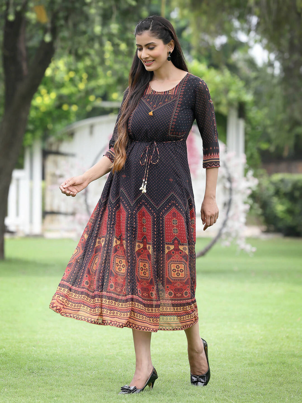 Juniper Black Georgette Festive Printed A-Line Dress For Women | Grocsy