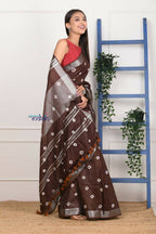Very Much Indian Handmade Tie And Dye Cotton Saree By Women Weavers - Brown | Grocsy