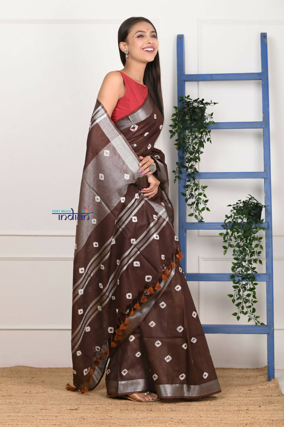 Very Much Indian Handmade Tie And Dye Cotton Saree By Women Weavers - Brown | Grocsy