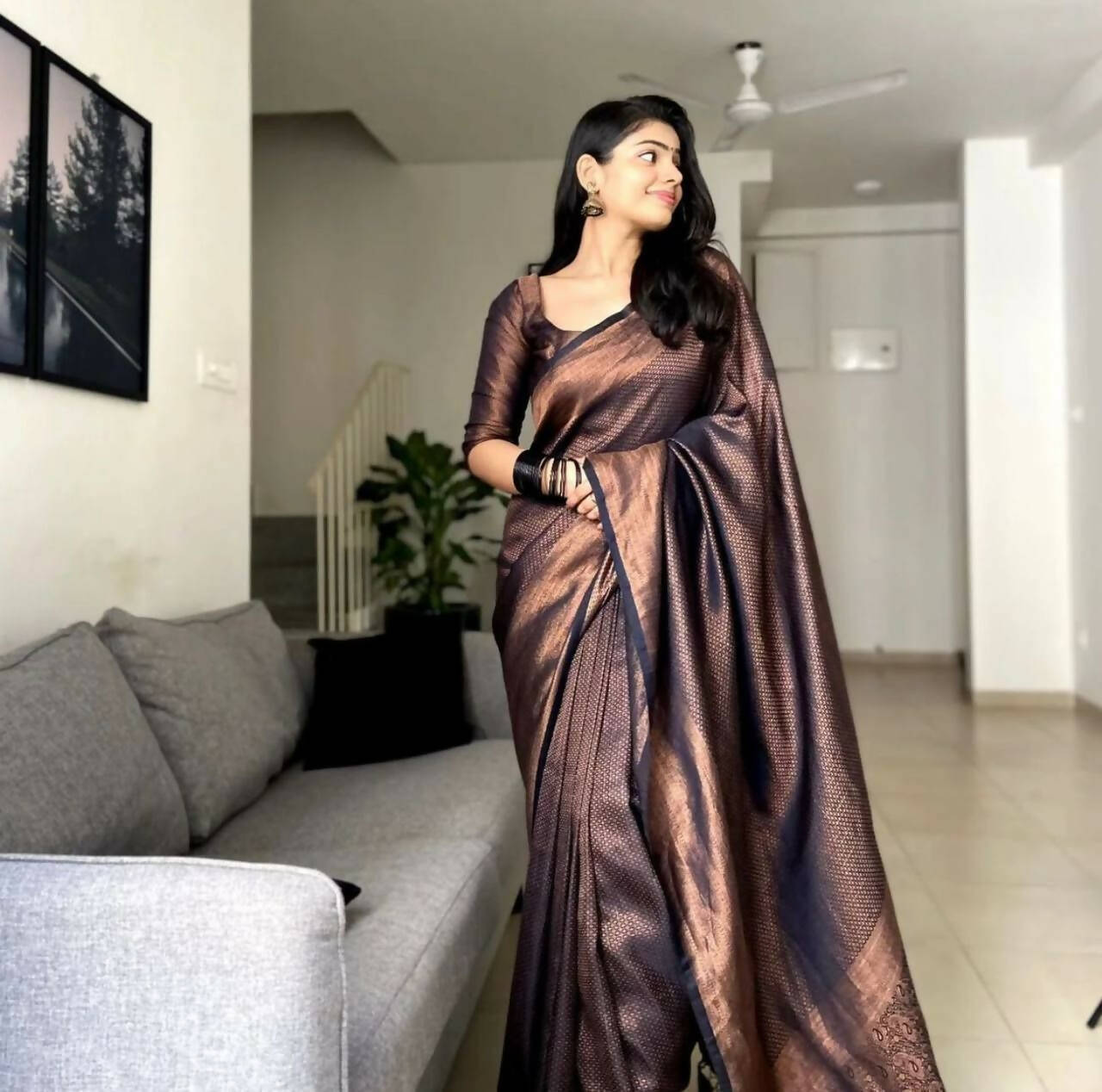 DEIANA'S Beautiful Designer Golden zari Soft Lichi Silk Saree - Black | Grocsy