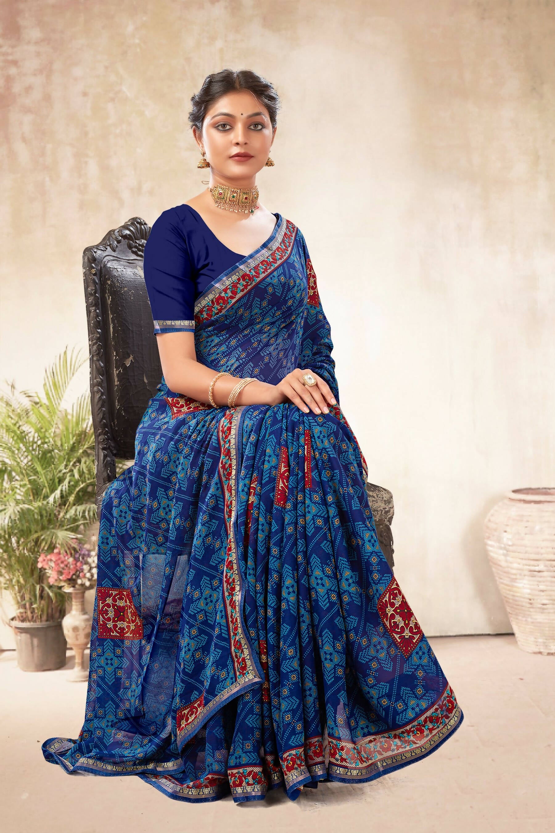 Blue Georgette Bandhni Printed Saree With Unstitched Blouse Piece - Shanaya | Grocsy