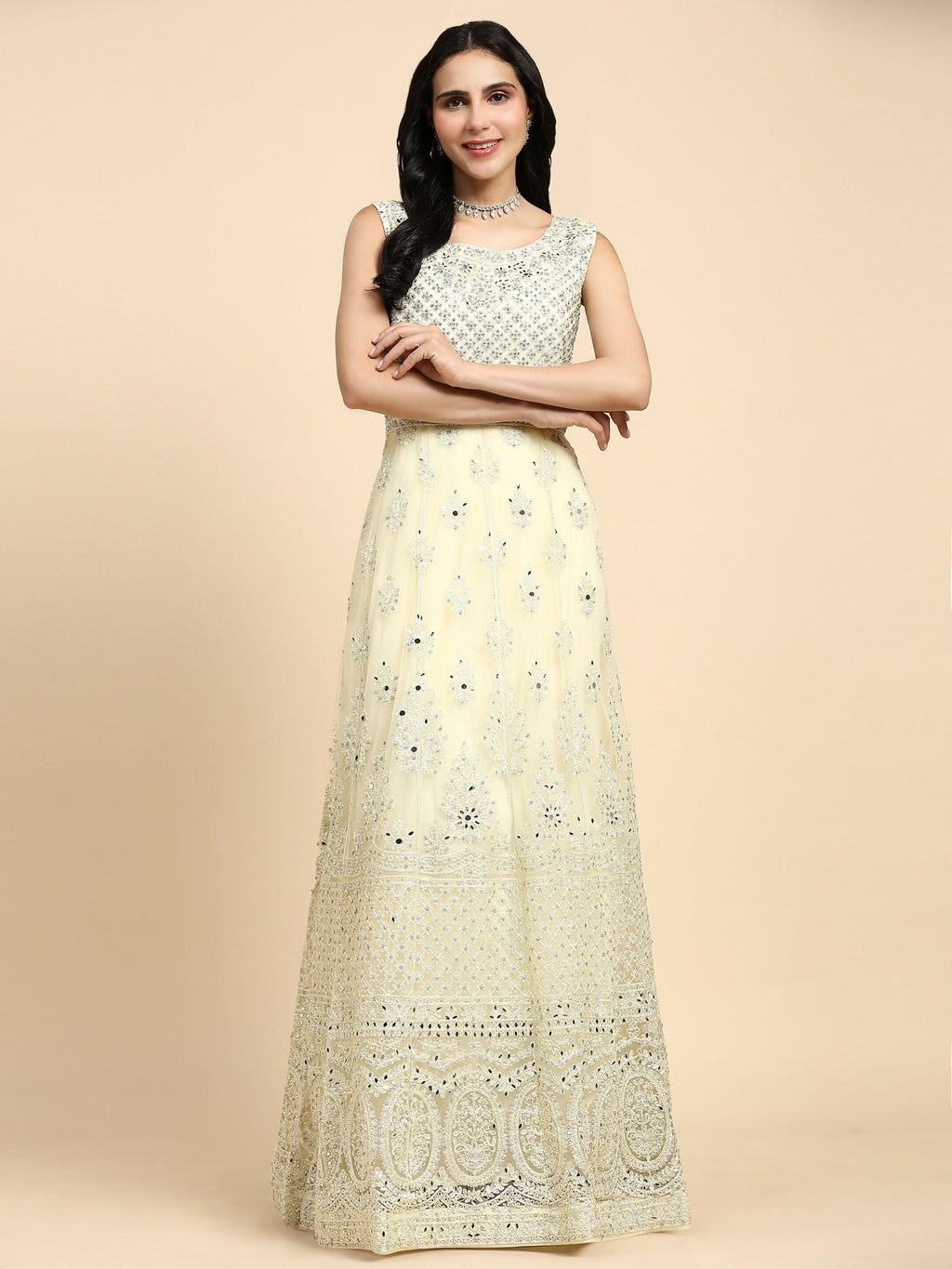 Yellow Net Hand Embroidered Gown - Rudrani | Grocsy