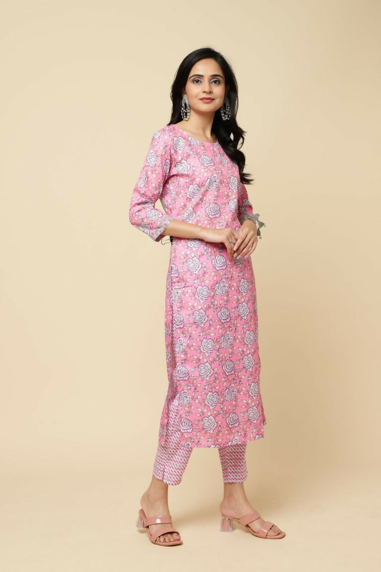 Designer Stylish Pink Cotton Blend Stitched Suit With Dupatta - Tanisha | Grocsy