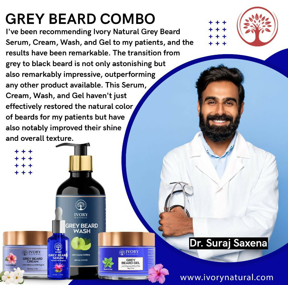 Ivory Natural Grey Beard Combo (Serum, Cream, Wash & Gel) Restore Your Silver Beard To Natural Color | Grocsy