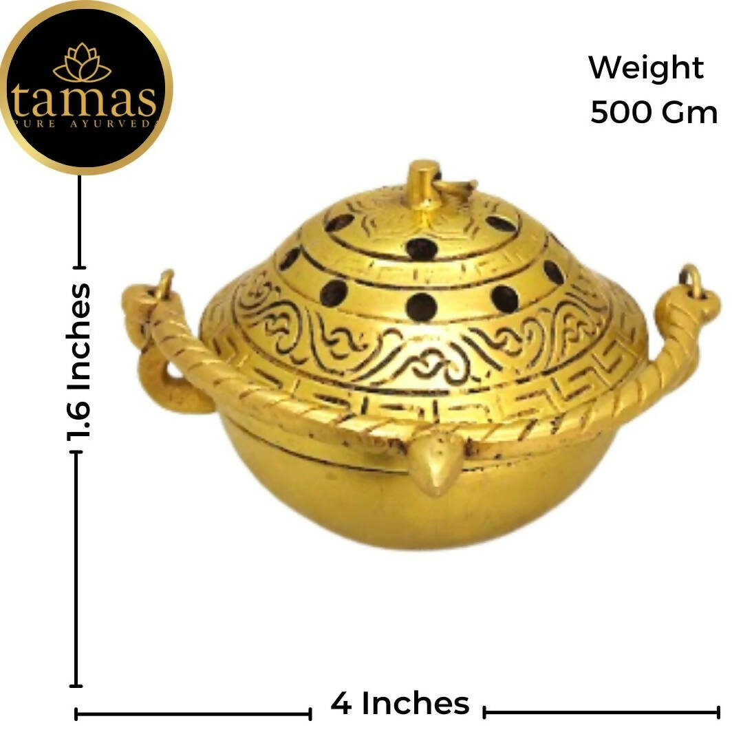 Tamas Brass Small Dhoop Burner with Handle and Lid (Golden) | Grocsy