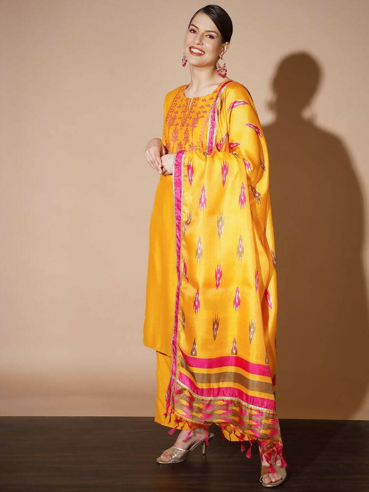 Myshka Women Mustard Solid Kurta & Palazzos With Dupatta | Grocsy