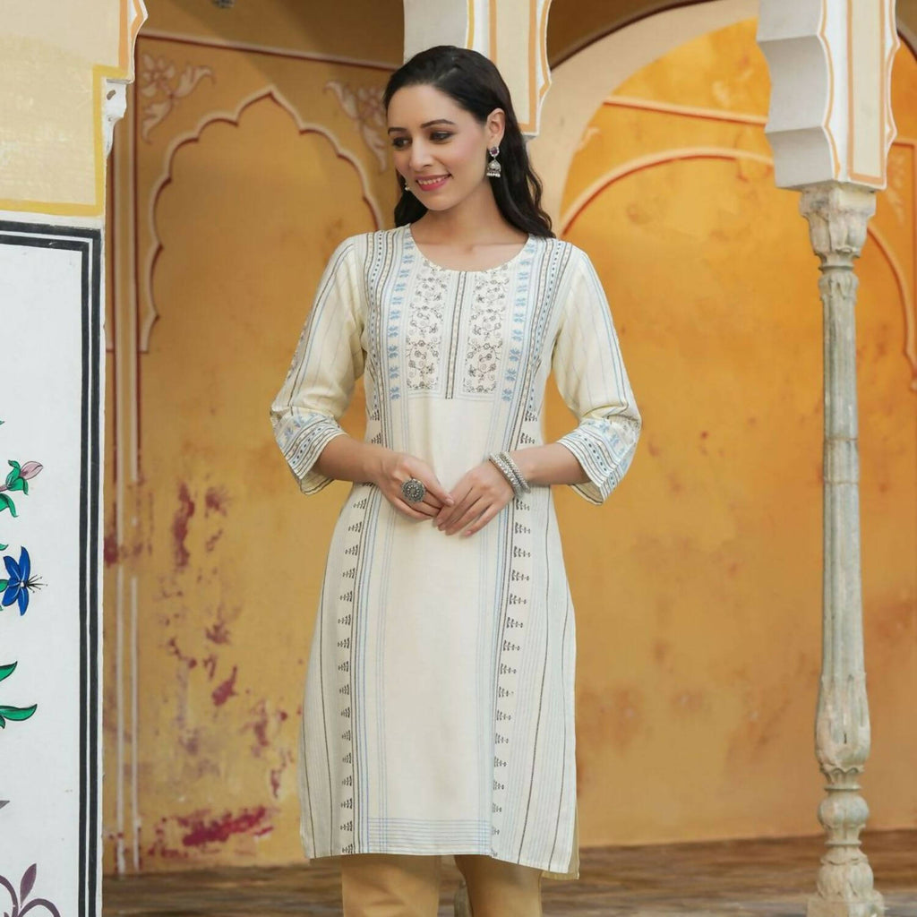 Juniper Women's Off-White Rayon Printed Straight Kurta | Grocsy