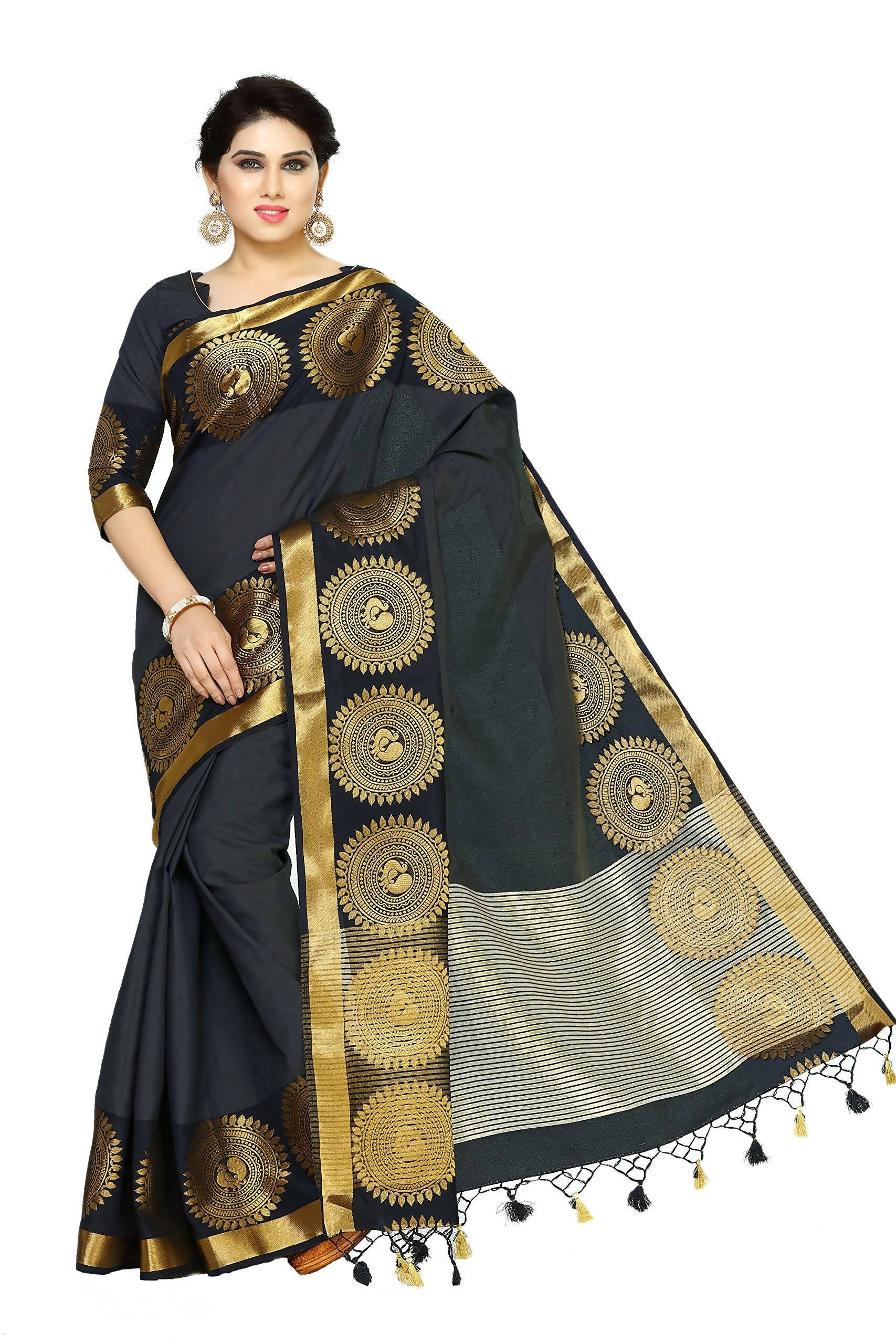 Mimosa Women's Banarasi Tussar Silk Black Saree | Grocsy