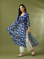 Myshka Women's Blue Printed Georgette A-Line Nyra-cut Kurta | Grocsy