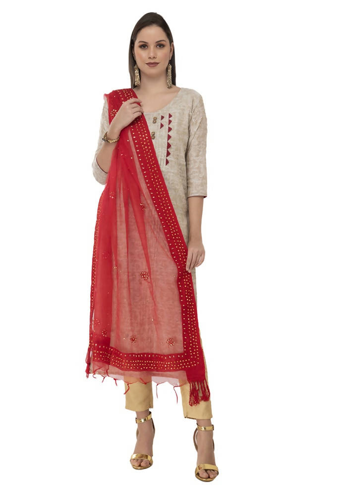 Mominos Fashion Red Orgenza Nug Embroidery Dupatta | Grocsy