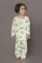 Breathables White Blue-Green Animal Cotton Nightsuit | Boys & Girls Kids | Grocsy